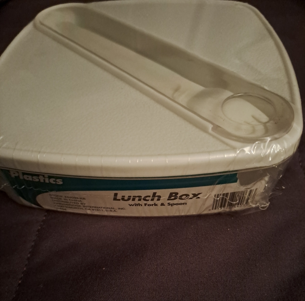 NEW SEALED white Lunch Box with Fork and Spoon enclosed, Firm